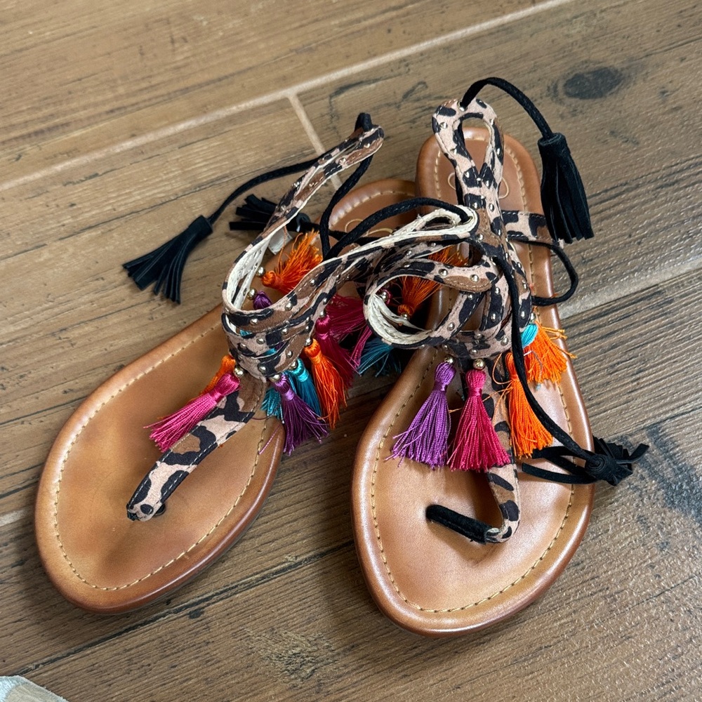 Jessica Simpson Leopard Print Sandals with Multicolor Tassels
